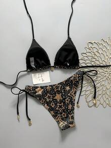 亮片印花露背系带比基尼套装，沙滩度假黑色 - 黑色 - 查看 3