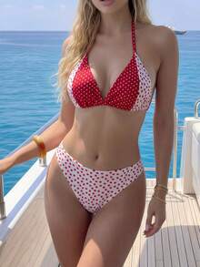 2026 Summer New Women's Fashion Red & White Polka Dot Patchwork Print Halter Triangle Cup Bikini Set, Retro Sweet Girl Style Triangular Briefs Swimsuit 2pcs, Suitable For Beach, Hot Spring, Vacation - Multicolor - View 7