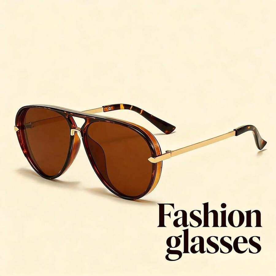 1pc Women's Retro Minimalist Large Frame Fashion Glasses, Suitable For Beach, Travel And Driving Occasions - Tortoiseshell - View 1