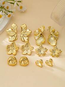 12 piezas Conjunto de aretes de moda, con diseños de flor eterna, envuelto redondo, flor de cinco pétalos y diseños florales asimétricos. Hechos de resina ABS con chapado UV, hipoalergénicos y elegantes para hombres, adecuados para uso diario, fiestas y como regalo para la esposa o la madre. - Dorado - Ver 2