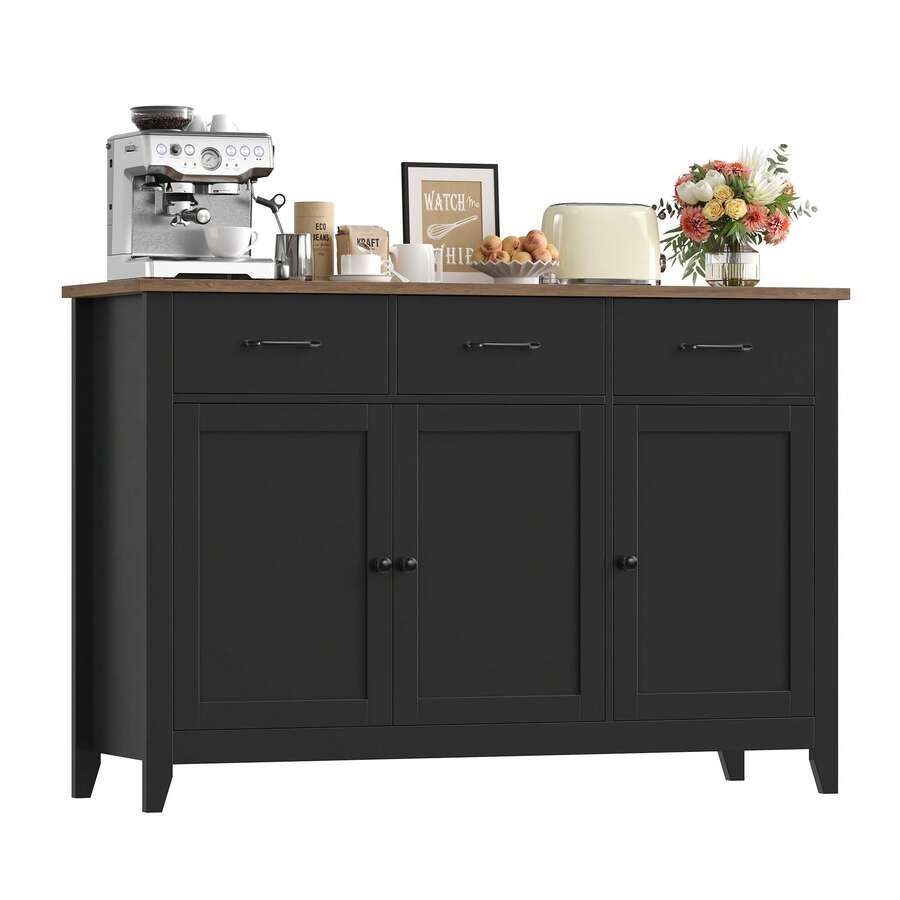 Sideboard, 120cm Wide Kitchen Cabinets With 3 Doors, 3 Drawers & 1 Adjustable Shelf - Black - View 1