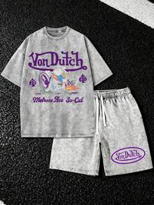 Pure Cotton Washed T Shirt And Shorts Set Vonn Dutch Print Soft Comfortable Perfect For Daily Outfits Outdoor Activities Fitness And Travel Resistant To Dirt Easy To Clean Easy To Put On And Take Off Fashionable Versatile Ideal Gift For Relatives And Friends High End Texture - 灰色 - 查看 1