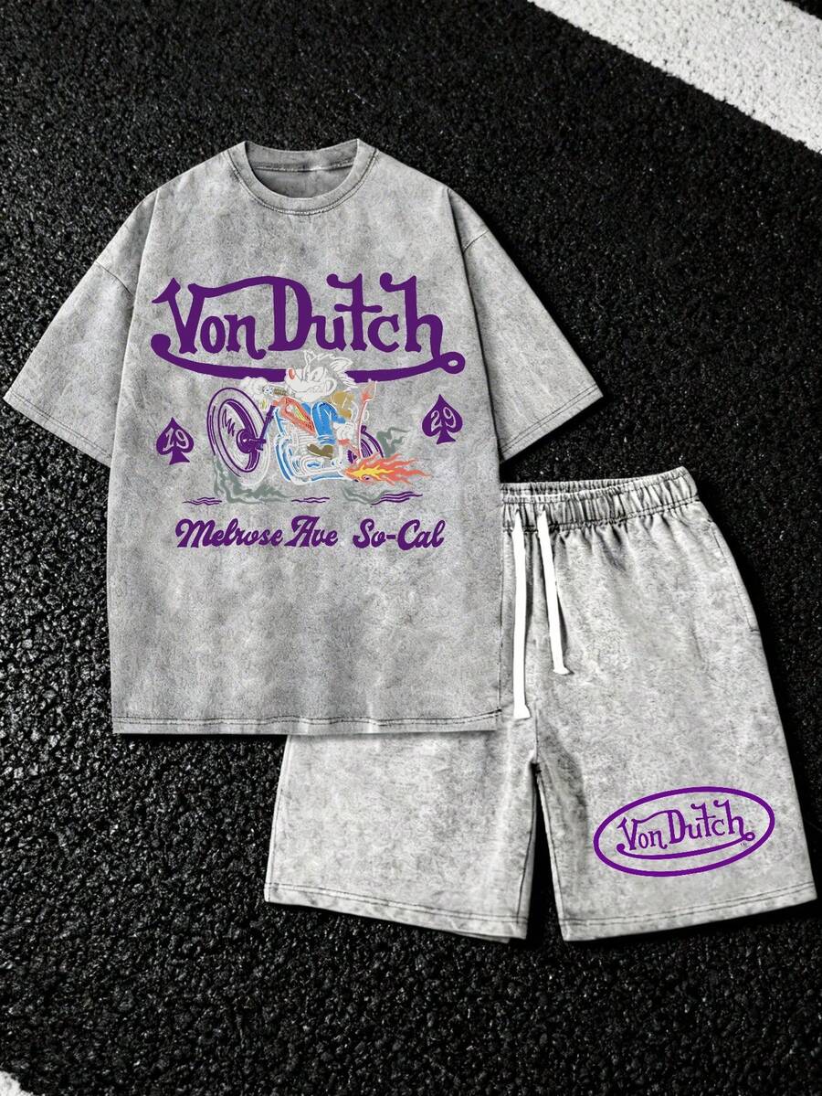 Pure Cotton Washed T Shirt And Shorts Set Vonn Dutch Print Soft Comfortable Perfect For Daily Outfits Outdoor Activities Fitness And Travel Resistant To Dirt Easy To Clean Easy To Put On And Take Off Fashionable Versatile Ideal Gift For Relatives And Friends High End Texture - 灰色 - 查看 1