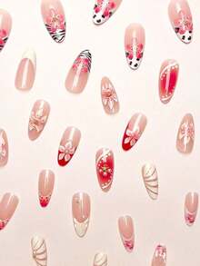 24Pcs/Set Almond Shaped French Manicure 3D Floral-Drop Gradient Elegant Reusable Press-On Nails With 1Pc Gel And 1Pc Nail File, Adding A Daily Wear And Dates Nail Supplies Nails - 多色 9 - 查看 8