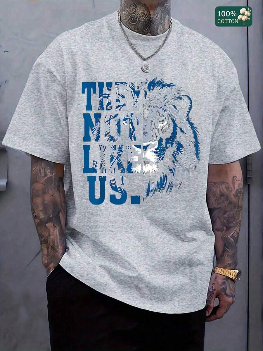 Unisex 100% Cotton Round Neck Short - Sleeve "They Not Like Us" T - Shirt With Lion Graphic - Bold And Distinctive Basic Tee For Summer Men's Tops - Xám - Xem 1