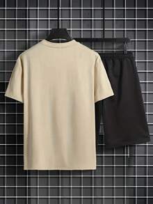 Simple Studio | Men's Summer Minimalist Vintage Graphic Print Round Neck Short Sleeve Casual T-Shirt And Drawstring Waist Shorts Set - Apricot - View 4