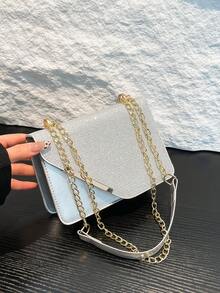 Fashionable, Classic, Versatile Solid Silver PU Waterproof Fabric Shoulder Bag, Sequined Ladies' Small Square Bag With Embossed Design, Women's Wallet With Top Metal Chain, Tofu Block Square Bag, Commuter Bag, Suitable For Travel Shopping, Holiday Gatherings, Parties, And Other Occasions. - Silver - View 4