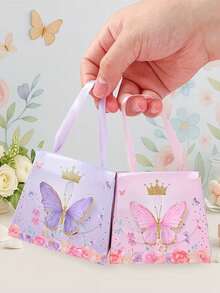 1 pièce Cadeau pour elle/lui, sac cadeau et sac fourre-tout en papier avec couronne de fleurs motif papillon rose et violet. Convient pour le baptême de bébé, le mariage, l'anniversaire. Décoration de fête sur le thème des papillons avec couronne de fleurs et motif papillon, convient pour l'emballage de petits cadeaux - multicolore - Voir 8