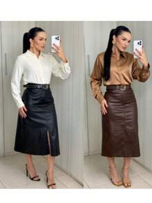 Resin-Coated Midi Skirt (Leather Effect) – Elegance And Power In One Look! The Perfect Piece For Those Who Love A Modern, Sophisticated, And Bold Style! - Rỉ Nâu - Xem 5