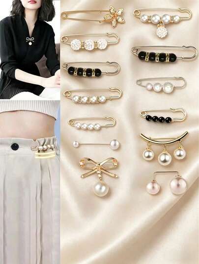 13pcs Women's Faux Pearl Clothing Adjustable Waist Pins, Pants Waist Cincher, Clothing Accessories To Reduce Waist Size & Prevent Exposure Dress Accessories Pin For Clothes Bag Charm Backpack For School Office Accessories Shirts Jacket Jewelry Christmas Halloween Clothes Pin Funny Cute Teacher Gifts Halloween Accessories Teachers Day Costume Accessories Bag Charms
