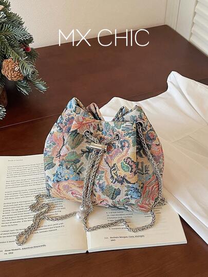1 pièce Sac seau à cordon de serrage jacquard pour femme, sac à épaule/bandoulière à la mode pour le printemps/été, convient pour le shopping, les déplacements, les vacances