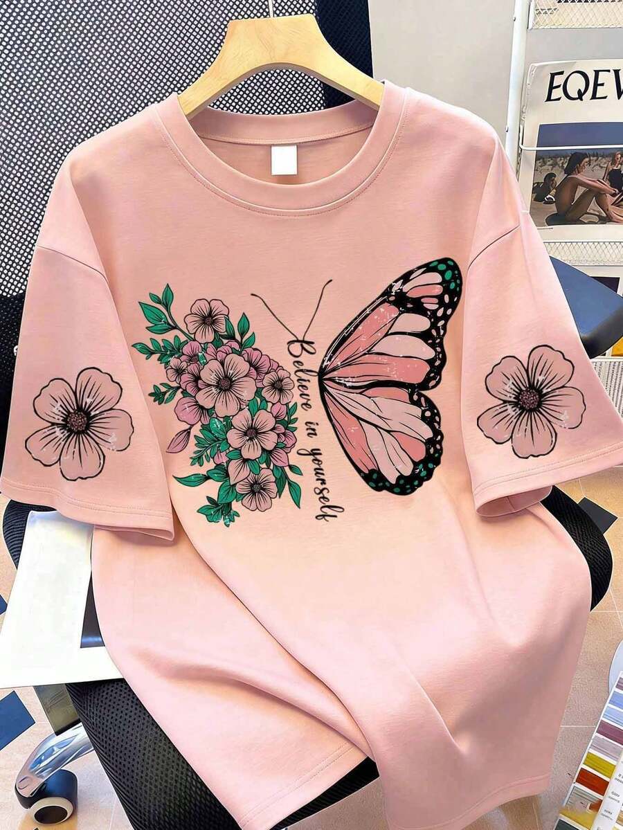 Women's Short Sleeve Bow Creative Pattern Print T-Shirt, Suitable For Creating Cute Girl Style In Summer - Pink - View 1