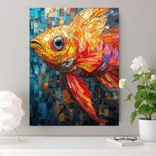 Lienzo con diseño de obra maestra oceánica vibrante - Marco de madera de 16" x 24", diseño de mosaico de peces coloridos, perfecto para la decoración del hogar y la oficina, añade encanto costero, lienzo envuelto en un original marco decorativo - Enmarcado - Ver 3