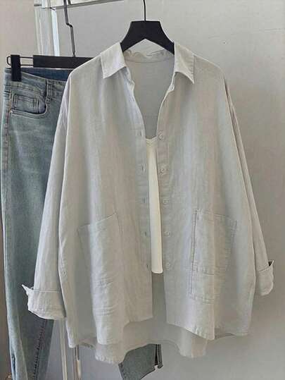 大码女式纯色长袖休闲宽松衬衫，带口袋，春夏款