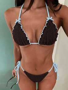 Bộ bikini 2 mảnh gợi cảm năm 2026, với chất liệu vải có họa tiết và viền bèo nhún, thiết kế viền tương phản, hoàn hảo cho kỳ nghỉ biển và tiệc bể bơi, đồ bơi thời trang thiết yếu, dây đeo vai có thể điều chỉnh, kiểu dáng ôm sát, tôn lên vẻ quyến rũ nữ tính. - màu nâu - Xem 8