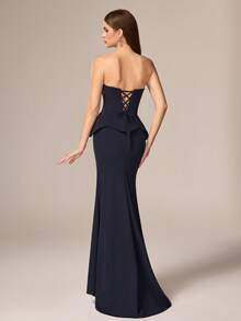 Vestido de noche elegante y digno de mujer de lujo, suave, con patchwork de encaje azul marino de VIPGIRL - Azul Marino - Ver 3