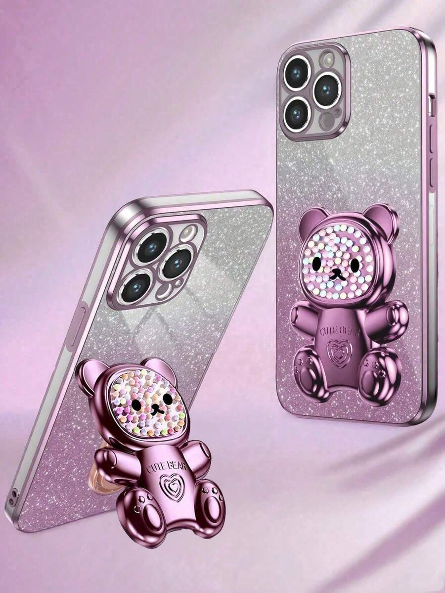 全新电镀防摔手机壳 + 闪光纸板 + 彩色彩绘糖果熊 + 全电镀隐藏式支架 + 完整手机壳套装，兼容 17/6/7/8/X/XS/XR/11/12/13/14/15/16/16e，兼容 Galaxy S22/23/24/25/S24 FE/S25 EDGE、A04/05/06/A07/A14/A15/A16/A17/A24/A25/A34，小米 Note 9/10/11/12/13，小米 9/10/12/13C 14C，兼容 OPPO，兼容 MOTO，兼容 Honor X、HW、RENO，兼容 Realme C53 C55，国际版，不是国内版 - 粉色 - 查看 1