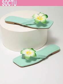 Dép xỏ ngón Plumeria dành cho nữ, dép đế bằng mũi vuông, giày đi biển mùa hè. - màu xanh lá - Xem 3