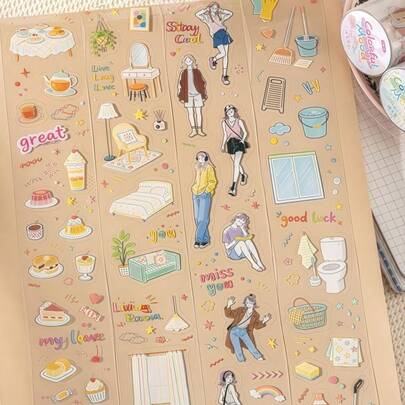 Tomato Sauce PET Die-Cut Washi Tape, Colorful Mood Hand-Drawn Style Stickers, Cute Japanese Kawaii Journal Tape For Scrapbooking, DIY Scene Decoration, 45mm X 2m