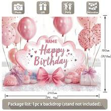 1pc Customizable Pink Ombre Shell Bow Happy Birthday Backdrop, Pink Heart Sequin Balloon On White Background, Suitable For Birthday, Baby Shower, Bridal Shower, Party Decoration - Type C - View 6