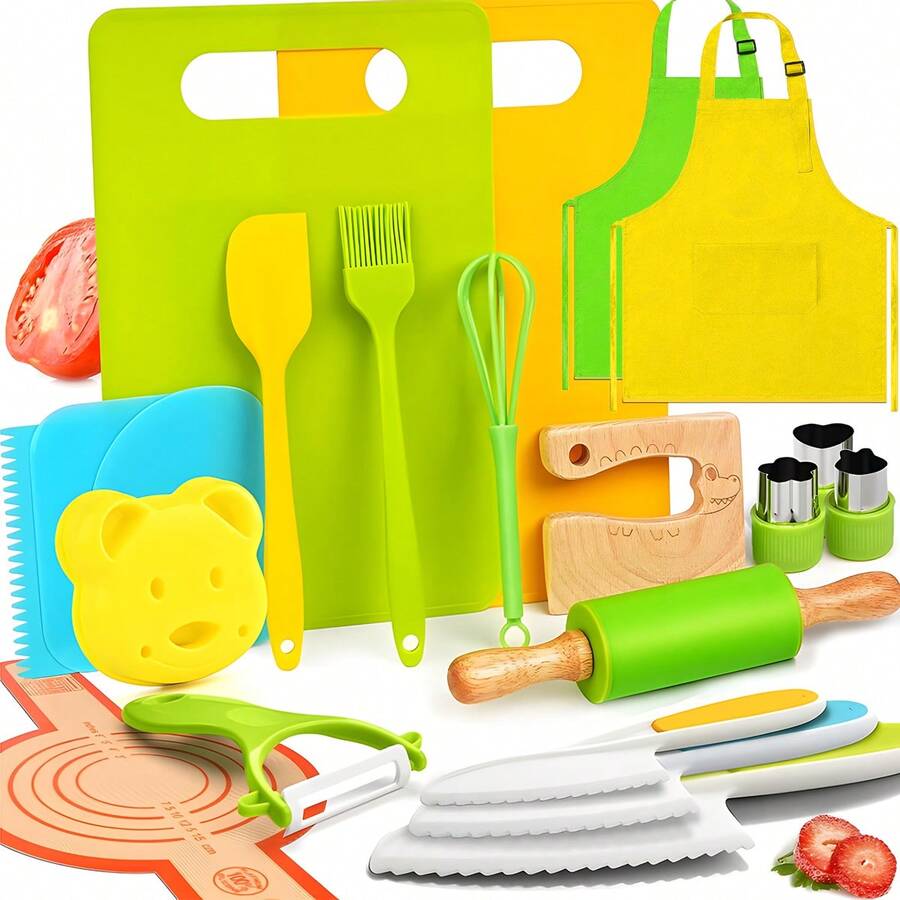 UINLE Baby Juego de juguetes de cocina de juego de roles para niños, herramientas realistas de cortar verduras y hornear, cuchillos de plástico, moldes con forma de verduras y frutas, delantal y herramientas de hornear, juguetes de interacción entre padres e hijos para educación temprana, regalo de cumpleaños para niños, manualidades de jardín de infantes, adecuado para niños y niñas de 6 años en adelante - Multicolor - Ver 1