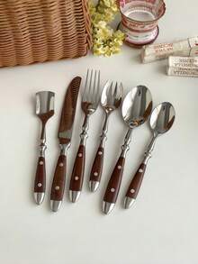 1pc Walnut Wood 2-Piece Cutlery Set, Stainless Steel Flatware Including Main Knife, Fork, Spoon, Salad Fork, Tea Spoon, Ice Cream Spoon, Luxurious High-End Practical Tableware For Home & Restaurant - View 1