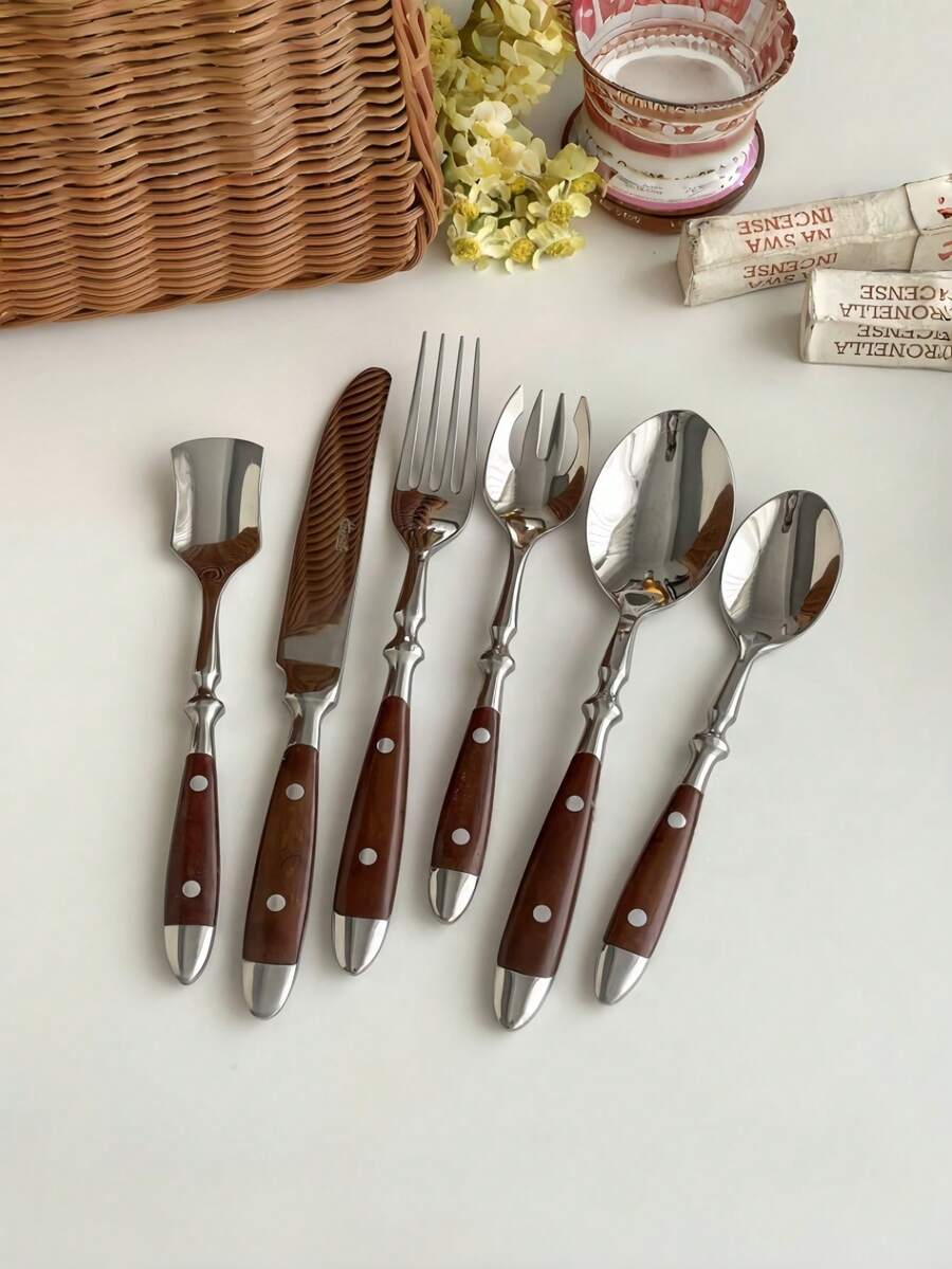 1pc Walnut Wood 2-Piece Cutlery Set, Stainless Steel Flatware Including Main Knife, Fork, Spoon, Salad Fork, Tea Spoon, Ice Cream Spoon, Luxurious High-End Practical Tableware For Home & Restaurant - View 1