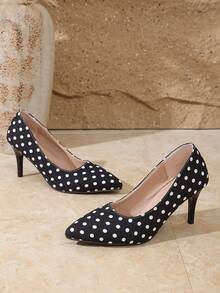 Women's Polka Dot High Heel Shoes, Elegant Versatile Daily Commute Casual Fashion Elegant Slip-On Lightweight Comfortable Outdoor Wear - Black - View 2