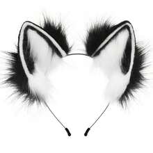 Furry Cat Wolf Fox Ears Headband Halloween Headwear Cosplay Costume Party, Rave - Black and White - View 3