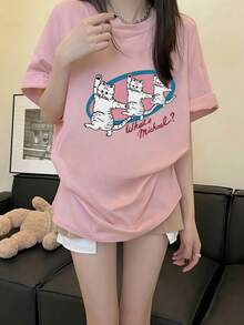 女款寬鬆版型圓領短袖字母與貓咪印花T恤，春夏季粉色休閒款 - 粉色 - 查看 2