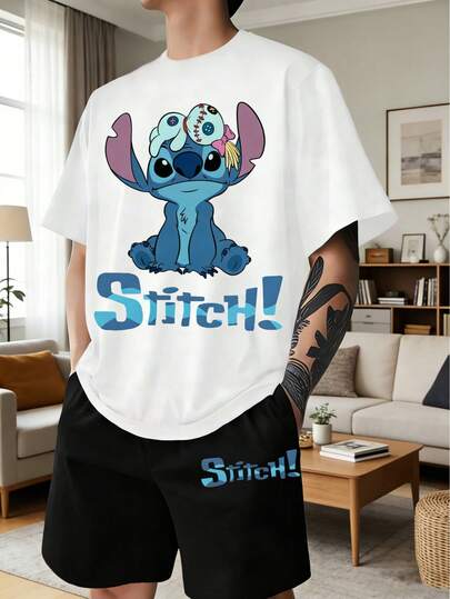 Disney Bộ đồ mặc nhà nam họa tiết Stitch gồm 2 món, áo cổ tròn và quần short, thích hợp cho nam giới, mùa xuân/hè.
