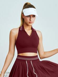 Leorrey 1 chiếc áo tank top thể thao nữ cổ chữ V, phối gân, viền chun, không tay, hở lưng, dáng ngắn. - Màu Đỏ Sâu - Xem 4