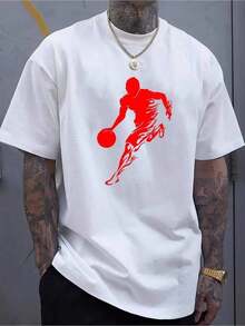 [Silhouette Printed Basketball Tee] Men'S Basketball Silhouette Printed T-Shirt 100% Cotton Casual Crew Neck Long Sleeve Tee With Slight Stretch, All-Season Comfort Fit Knit Fabric Top - 白色 - 查看 1