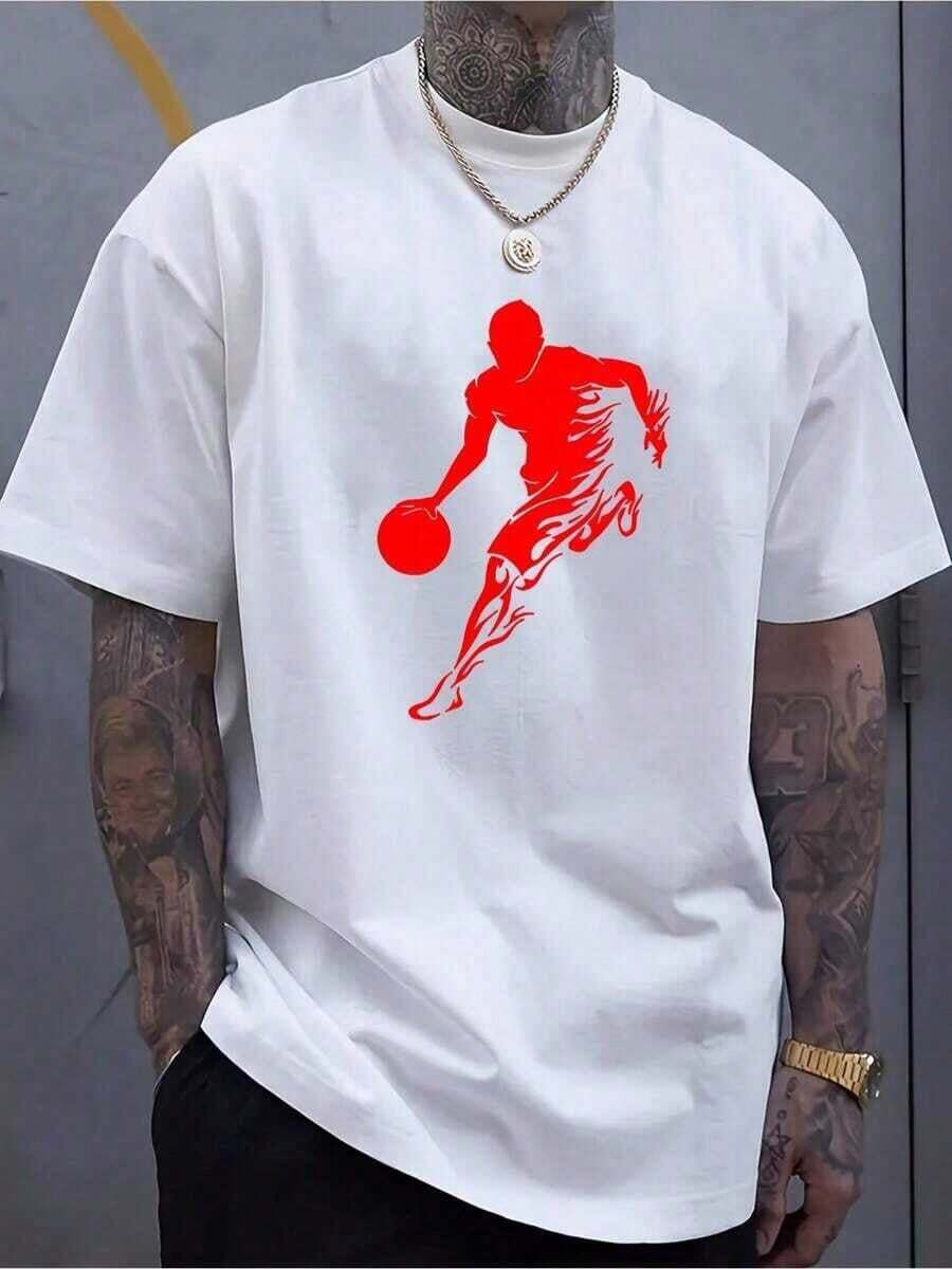 [Silhouette Printed Basketball Tee] Men'S Basketball Silhouette Printed T-Shirt 100% Cotton Casual Crew Neck Long Sleeve Tee With Slight Stretch, All-Season Comfort Fit Knit Fabric Top - 白色 - 查看 1
