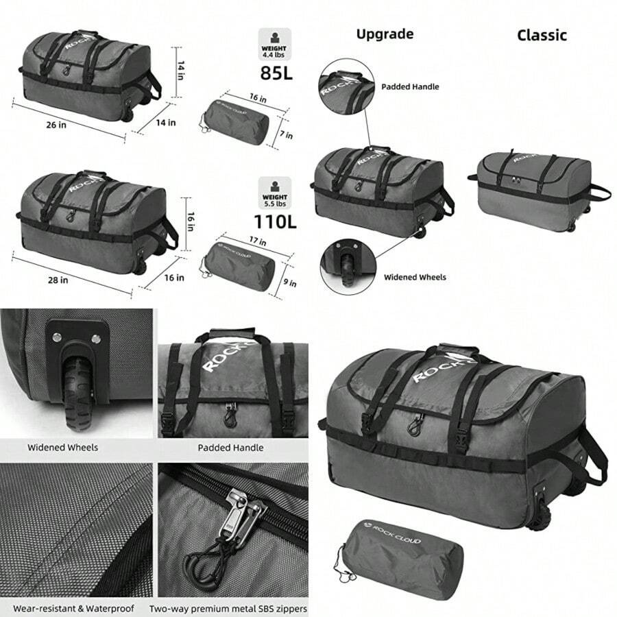 Rock Cloud - Bolsa de lona plegable con ruedas de 85 l con ruedas plegable de 26 pulgadas para viajes camping deportes Gris actualización 85L 26 in - Gris actualizacin - Ver 1