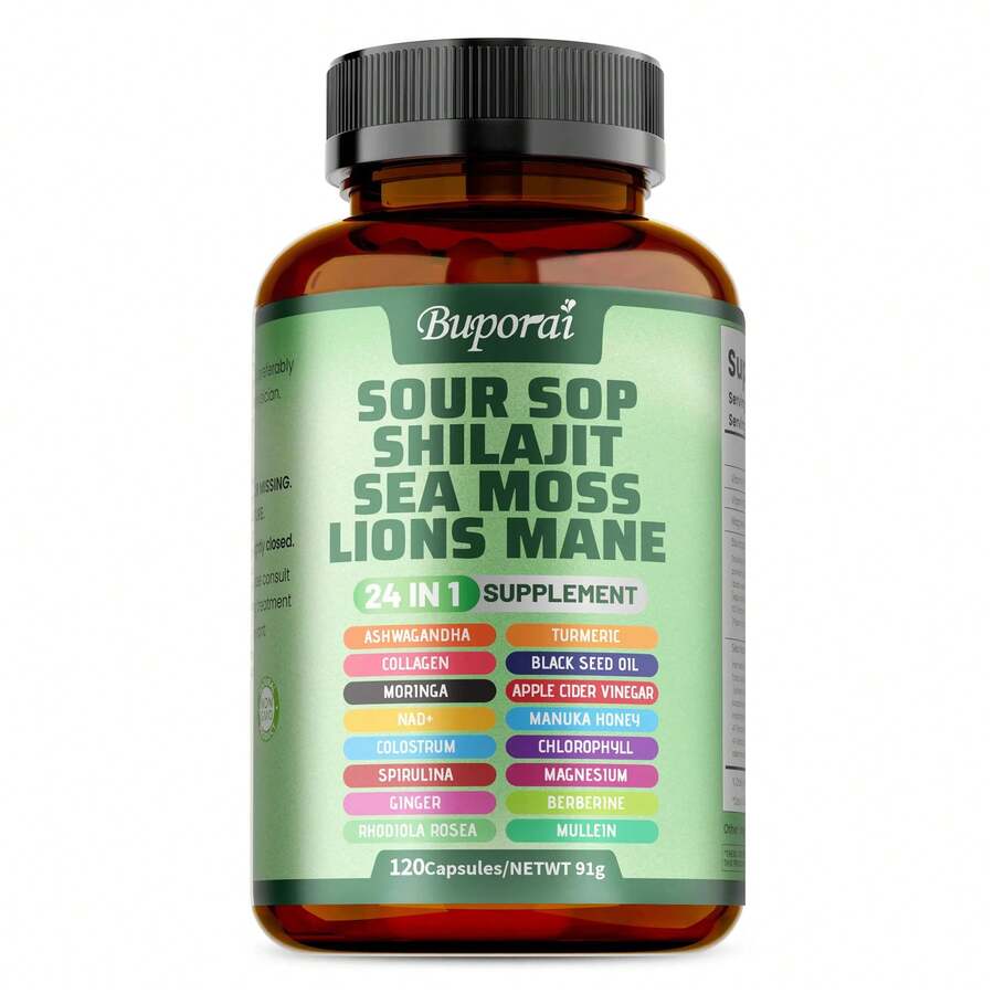 Buporai 24-In-1 Sour Sop, Shilajit, Sea Moss & Lions Mane Supplement, 120 Capsules, With Ashwagandha, Turmeric, Collagen, Black Seed Oil, For Immune, Energy & Overall Wellness - 120 Capsules - 查看 1