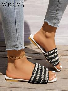 WRCVS 女士刺绣编织平底拖鞋，波西米亚风格图案凉鞋，适合派对、假日、户外活动穿着 - 黑色 - 查看 4