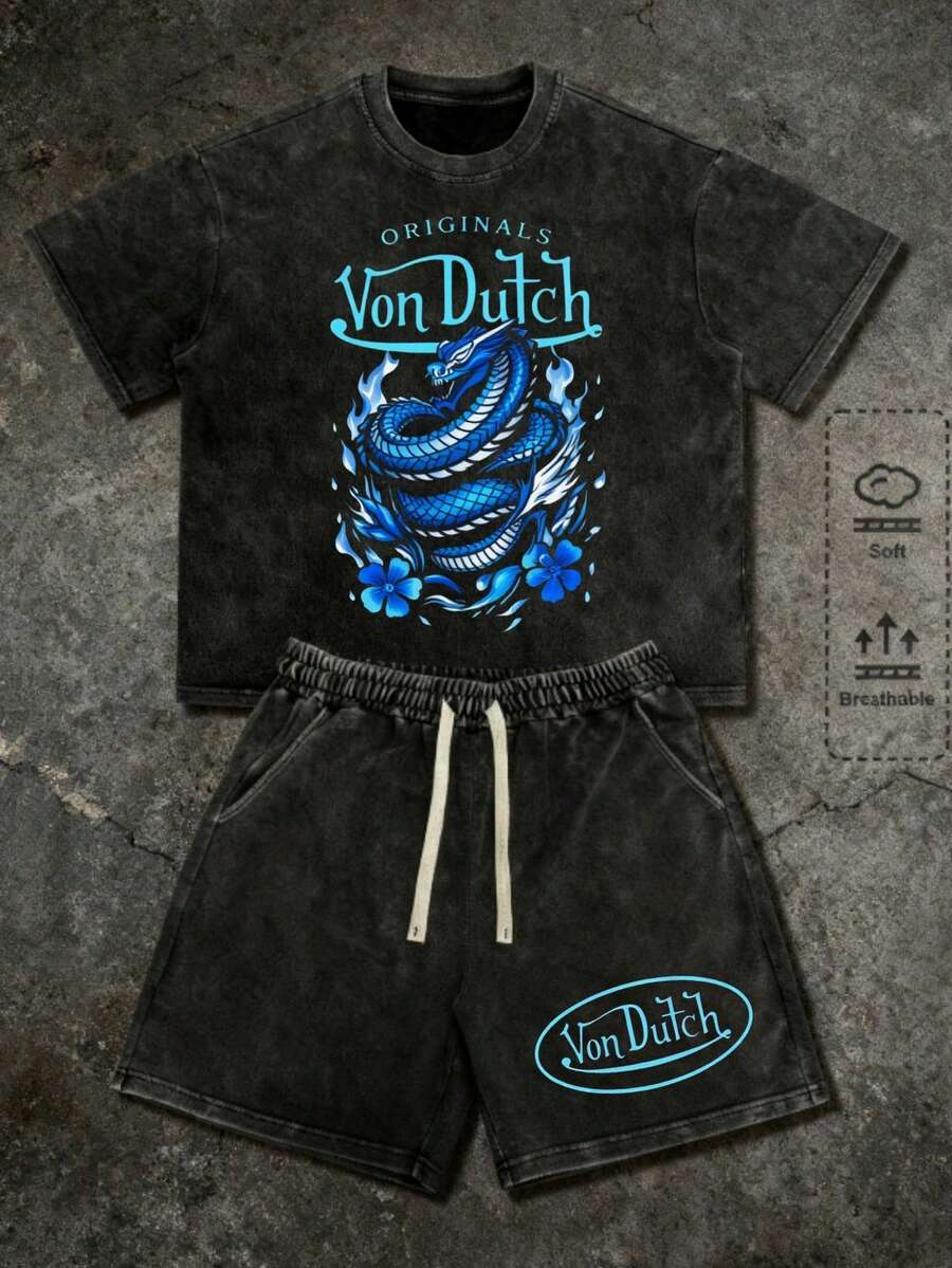 Pure Cotton Washed T Shirt And Shorts Set Vonn Dutch Print Soft Comfortable Perfect For Daily Outfits Outdoor Activities Fitness And Travel Resistant To Dirt Easy To Clean Easy To Put On And Take Off Fashionable Versatile Ideal Gift For Relatives And Friends High End Texture - 黑色 - 查看 1