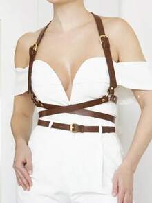 1pc Women's Renaissance Accessory Plus Size Gothic Style Coffee Brown PU Leather Belt, Punk Suspender Suitable For Halloween Party, Gathering Or Daily Wear - Coffee Brown - View 2