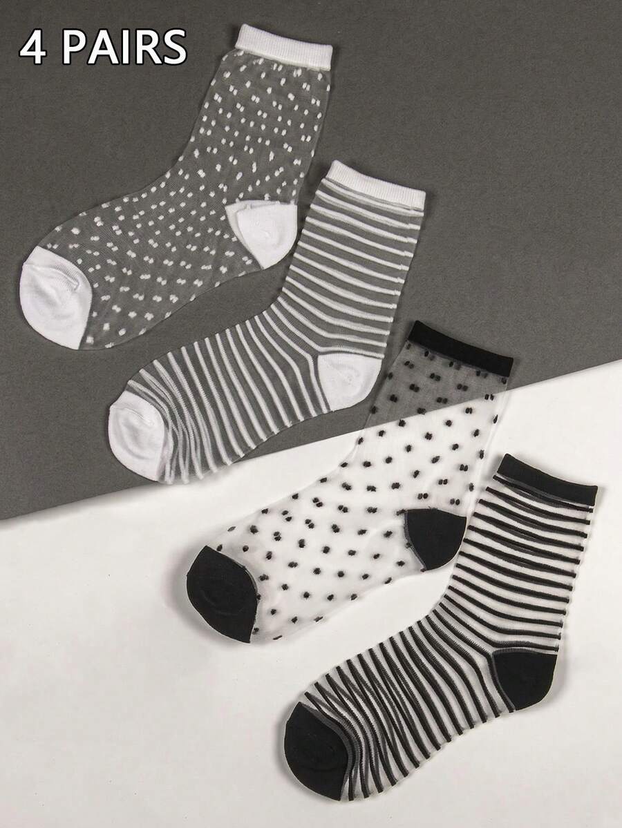 4双装女士透明波点条纹中筒袜/长筒袜，柔软透气，学生款，四季皆宜 - 彩色 - 查看 1