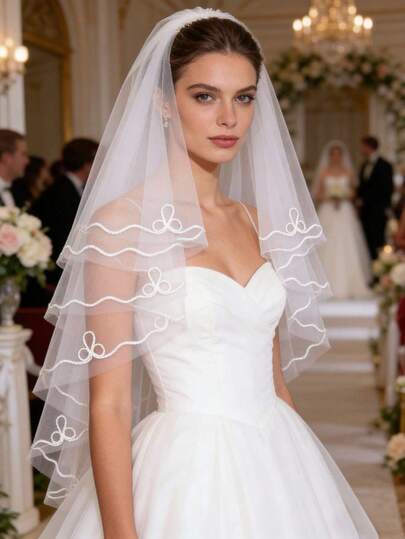  1 Pc Trimmed Edge Veil, Minimalist And Elegant, Perfect For Weddings, Birthdays, Anniversaries, Grand Outdoor Occasions.
