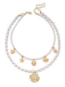 2pcs Summer Beach Style Starfish & Shell Pearl Necklace, Women's Fashion Pearl Necklace Choker, Suitable For Women's Street, Party, And Beach Accessories - Gold - View 4