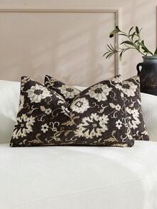 1 pieza/2 piezas Funda de almohada decorativa con patrón floral vintage, color café y beige (sin relleno), elegante y cómoda funda de almohada de chenilla jacquard y falso cachemira, adecuada para decoración del hogar, sofá, cama, dormitorio, regalo, decoración festiva, para todas las estaciones - Base marrón con estampado floral beige. - Ver 12