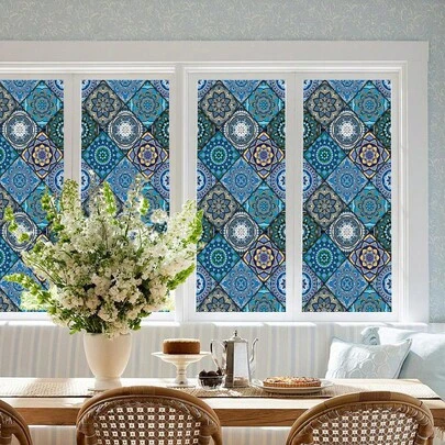 1/6片装波西米亚曼陀罗窗膜，可重复使用的PVC静电吸附隐私膜，适用于客厅、卧室、浴室、办公室和家居装饰。