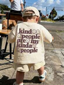 1pc Infant Boys' Creative Cartoon Graphic Letter Slogan Print Basic Round Neck Short Sleeve T-Shirt, Casual Fashion Baby Boy Clothes - Apricot - View 1