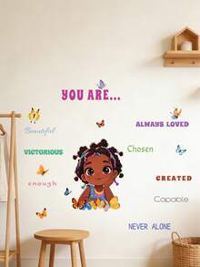 1pc Girls Butterfly English Wall Stickers Background Room Decor Self-Adhesive Wall Mural Kids Bedroom Decorations - Multicolor - View 3