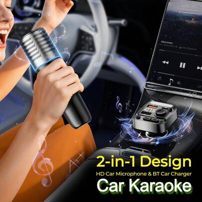 REMAX 车载卡拉OK，配备RGB灯光、麦克风和充电器，二合一设计，一键人声消除，6种人声效果，蓝牙5.3连接稳定，支持自动连接，充电1小时可播放30小时，Type-C和USB-A双接口快充，兼容Type-C充电器和iPhone充电器，是旅行必备的车载配件。