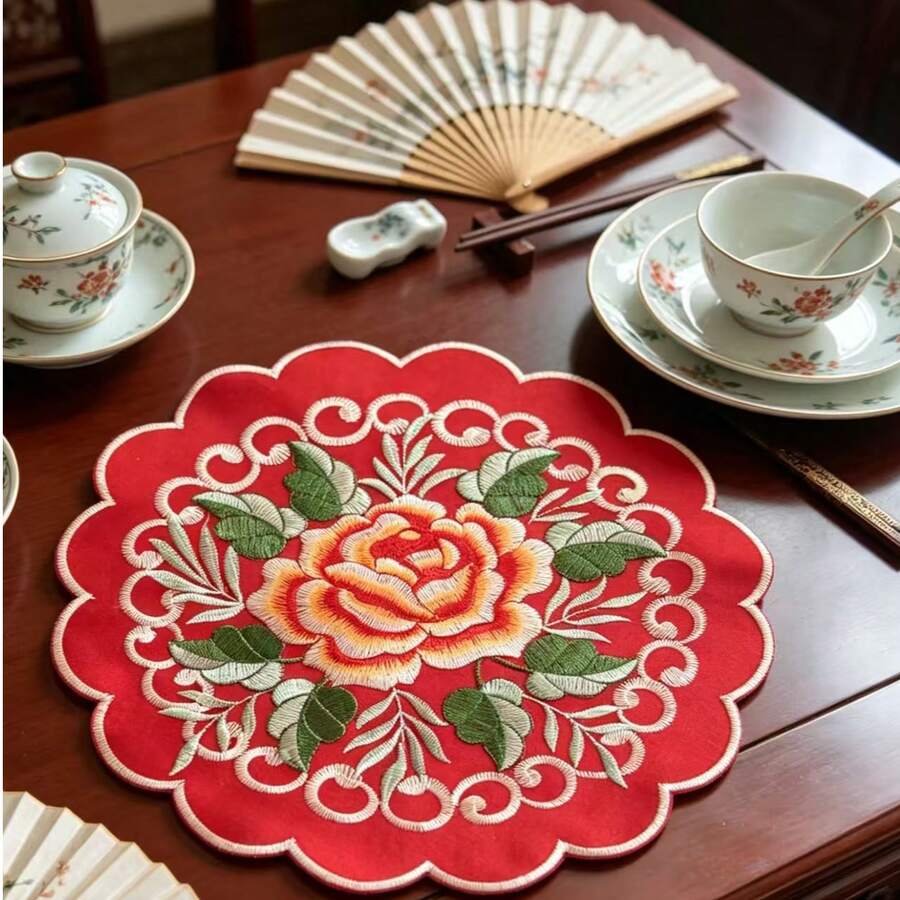 Round Red Embroidered Floral Placemat, Suitable For Home Gatherings, Dining Table And Tea Table Decor, All Seasons - Red - View 1