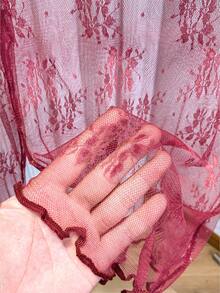 2025新款高领蕾丝层叠网纱透视修身长袖打底衫，适合春夏秋季休闲度假穿着 - 酒紅色 - 查看 3