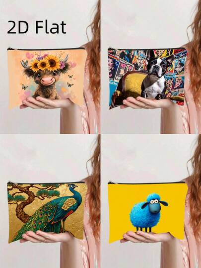 1 chiếc túi đựng đồ vệ sinh cá nhân in hình thú cưng dễ thương theo phong cách cổ điển, với họa tiết bò cao nguyên hoa hướng dương, chó बुलडॉग Pháp hoạt hình, chim trĩ vàng và cừu xanh, túi đựng đồ di động, túi đựng mỹ phẩm có khóa kéo, hộp đựng văn phòng phẩm cho học sinh, phụ kiện thời trang hàng ngày.